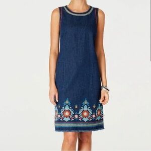 New J. Jill Malibu Embroidered Floral Sleeveless Denim Dress Small Fray Hem